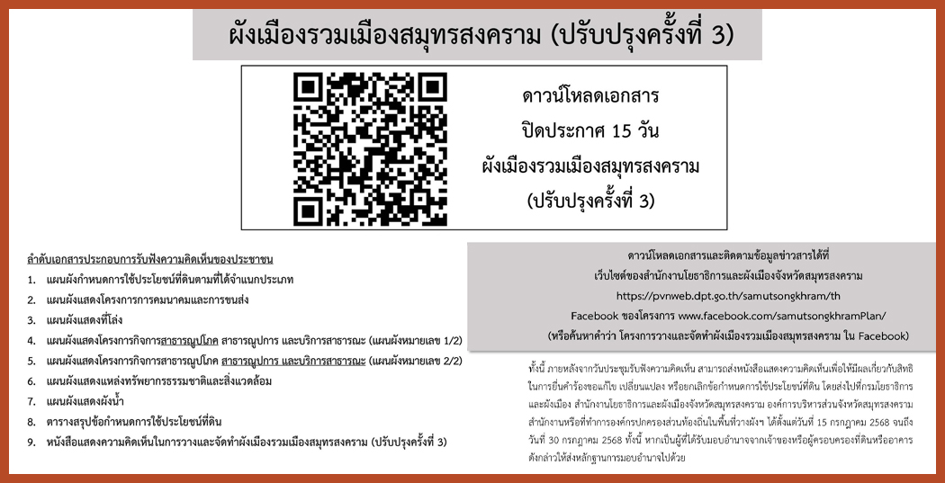 ดาวน์โหลดเอกสาร ปิดประกาศ 15 วัน ผังเมืองรวมเมืองสมุทรสงคราม (ปรับปรุงครั้งที่ 3 )