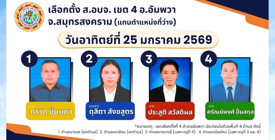 ขอเชิญออกไปใช้สิทธิเลือกตั้งสมาชิกสภา อบจ.สมุทรสงคราม เขตเลือกตั้งที่ 4 อำเภออัมพวา จังหวัดสมุทรสงคราม (แทนตำแหน่งที่ว่าง) 